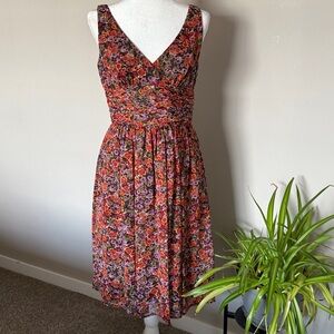 Eliza J Elegant Fall Floral Dress Brown/purple/orange Surplice ruched waist SZ 6